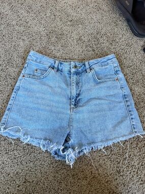 Topshop Light Wash High-Rise Denim Shorts with Frayed Hem